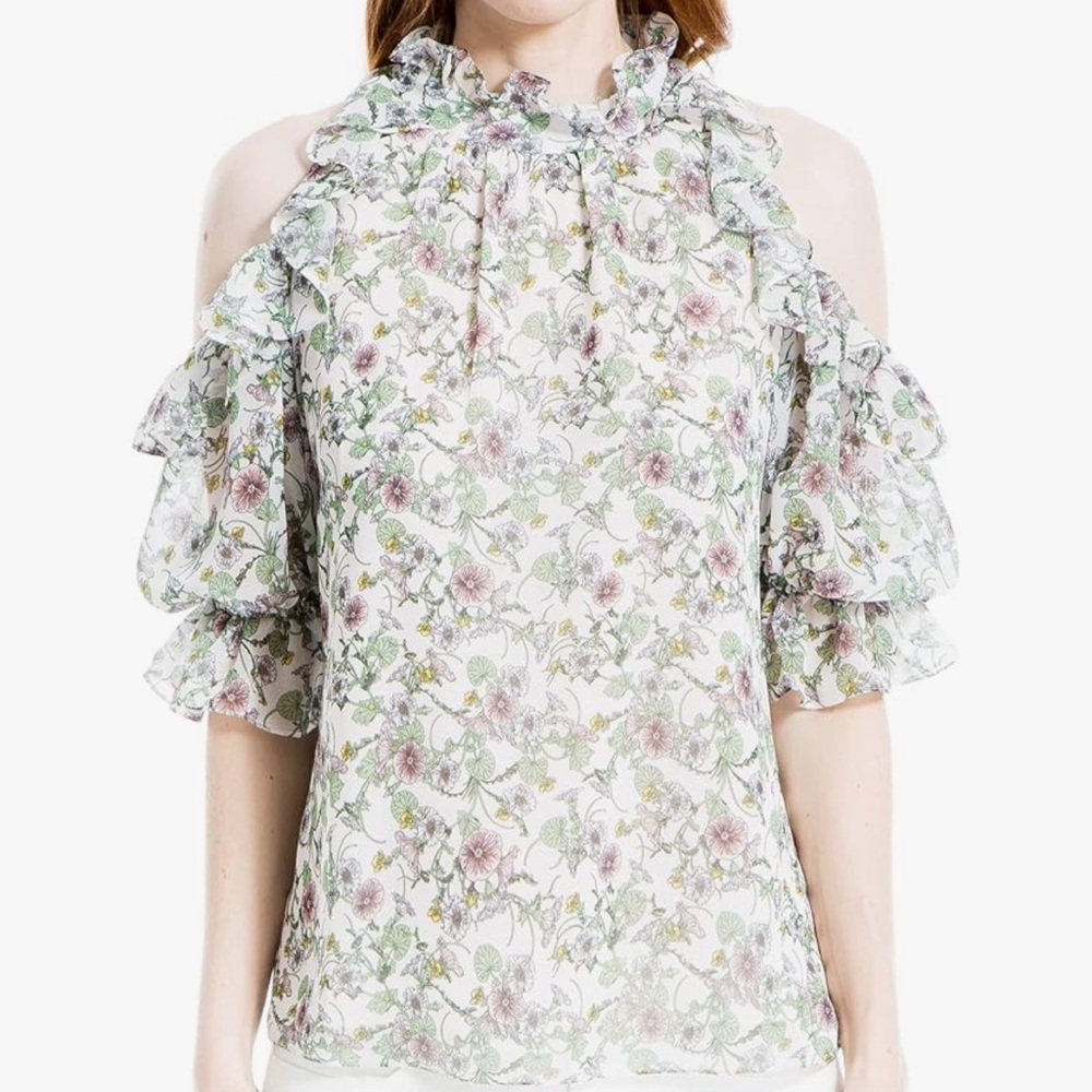 NWO Georgette Cold Shoulder Ruffle Top (Cream Anemone) - Max Studio S